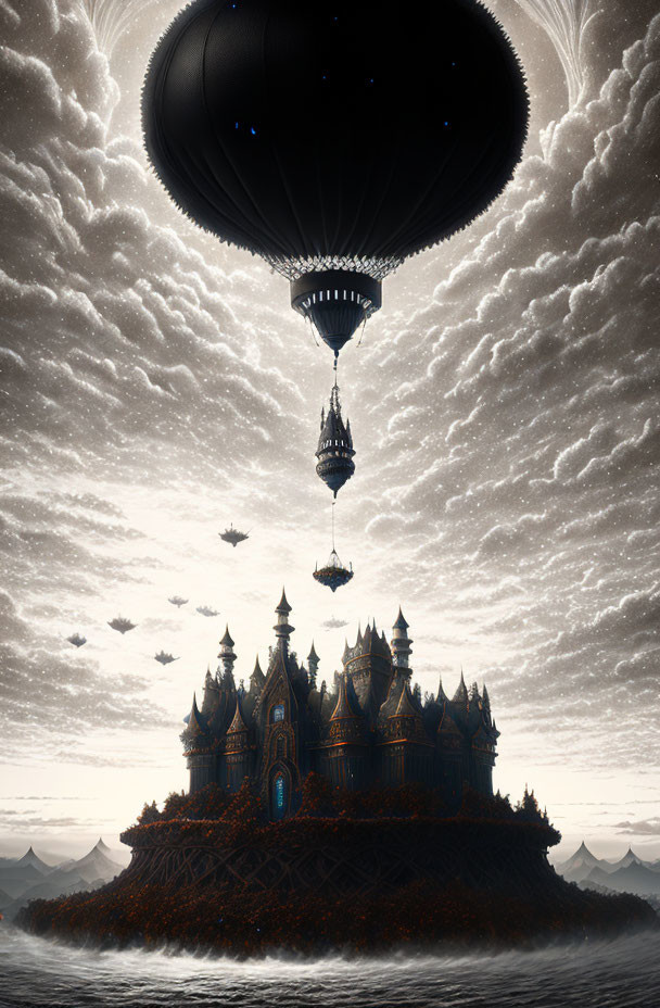 Gothic-style castle suspended from black balloon in fantastical scene