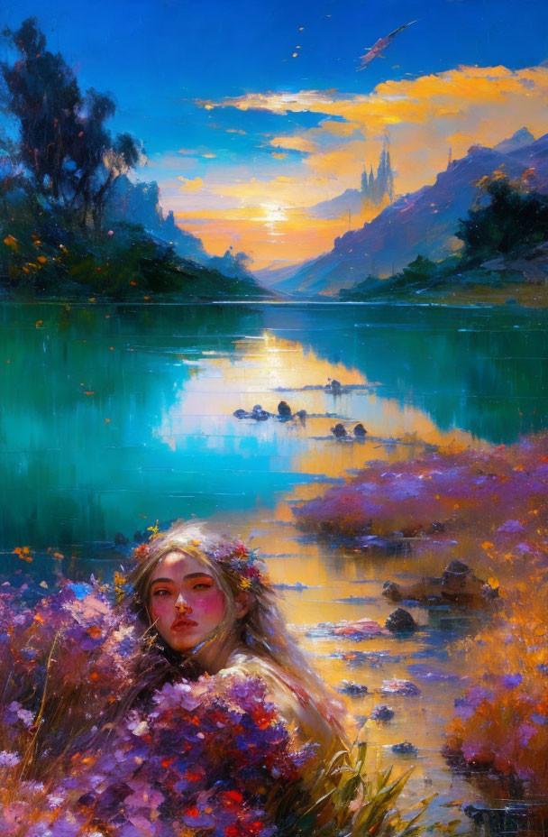 Woman's face in vibrant floral landscape by calm river at sunset