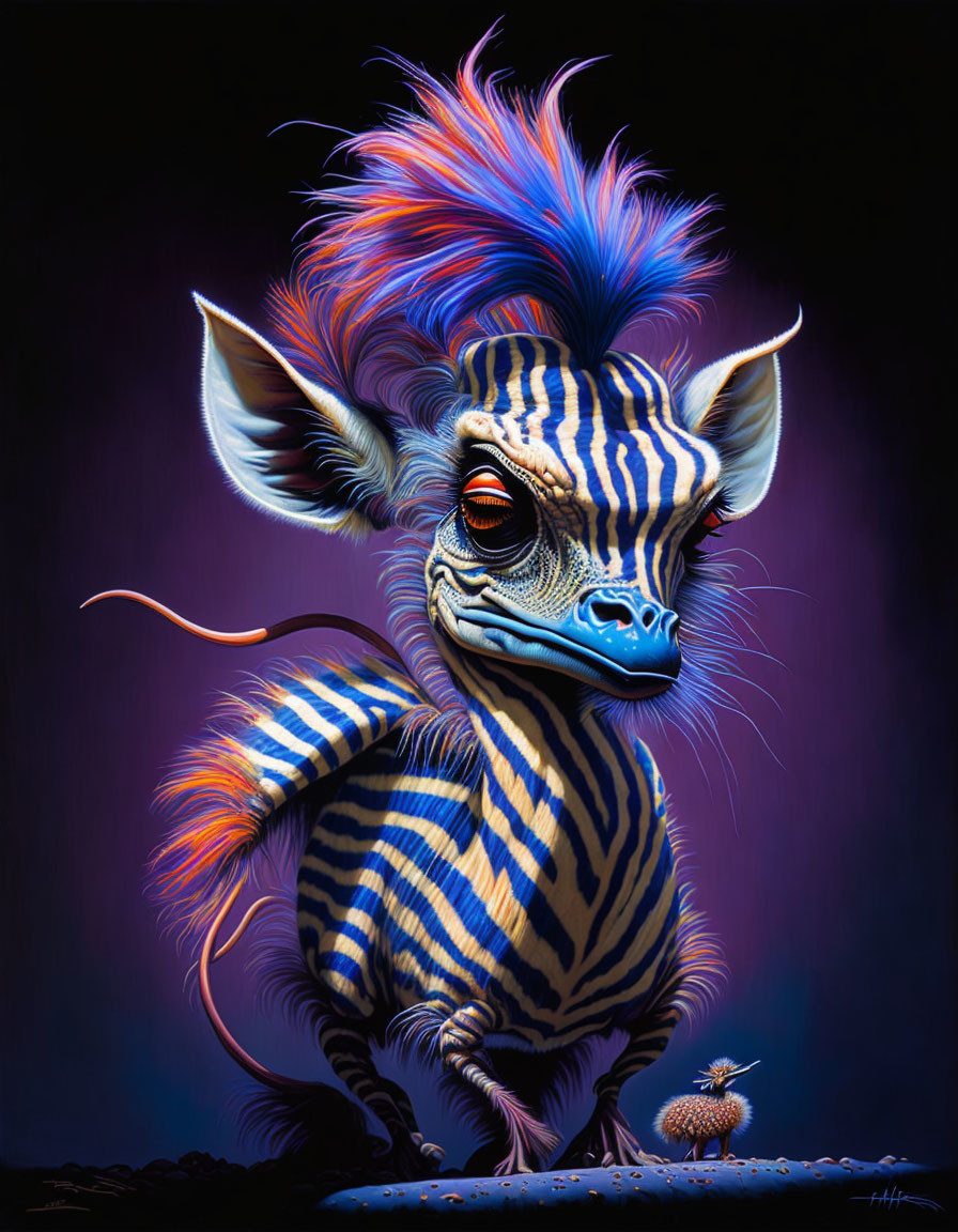 Colorful zebra-like creature with feathers and companion