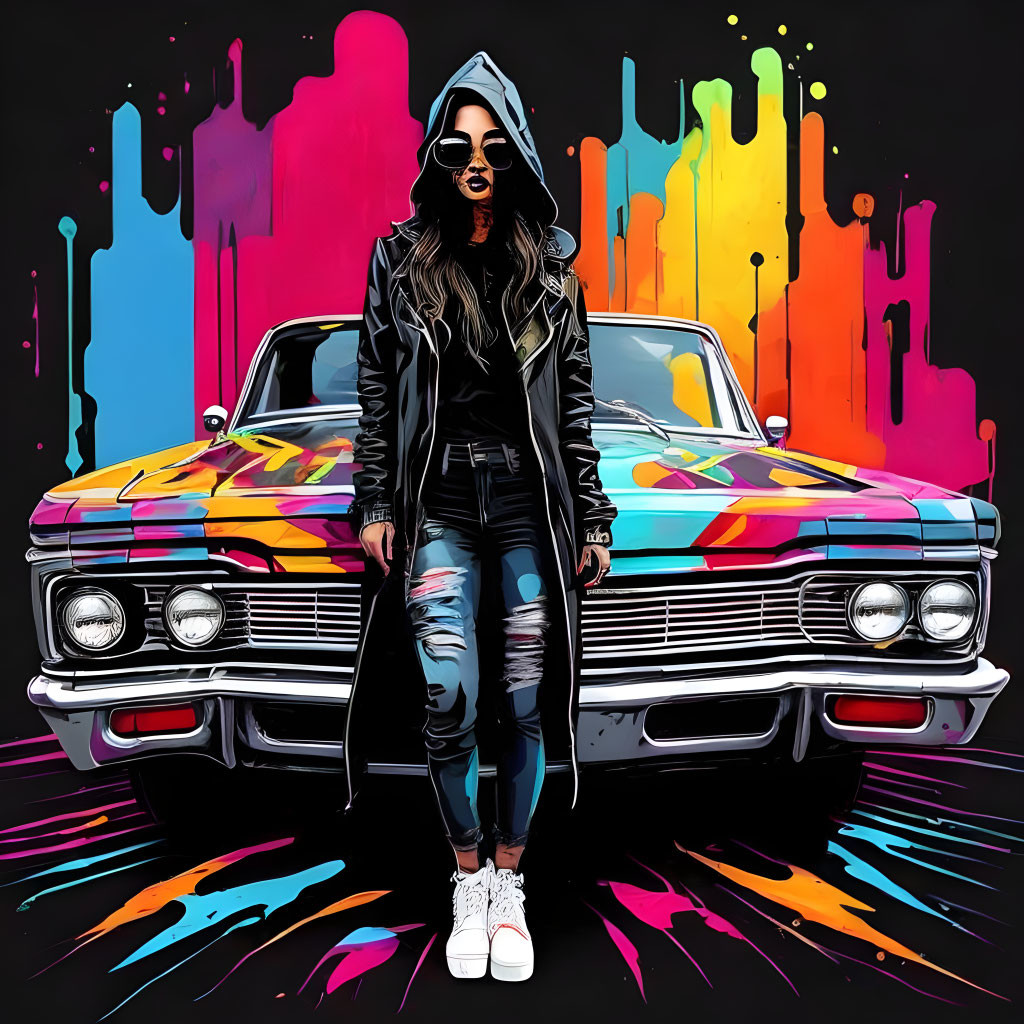 Confident figure in black hoodie with graffiti-style classic car