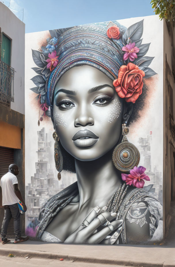 Vibrant mural featuring woman with headscarf and cityscape background