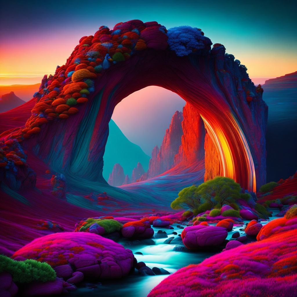 Vibrant rock formation over river in surreal landscape