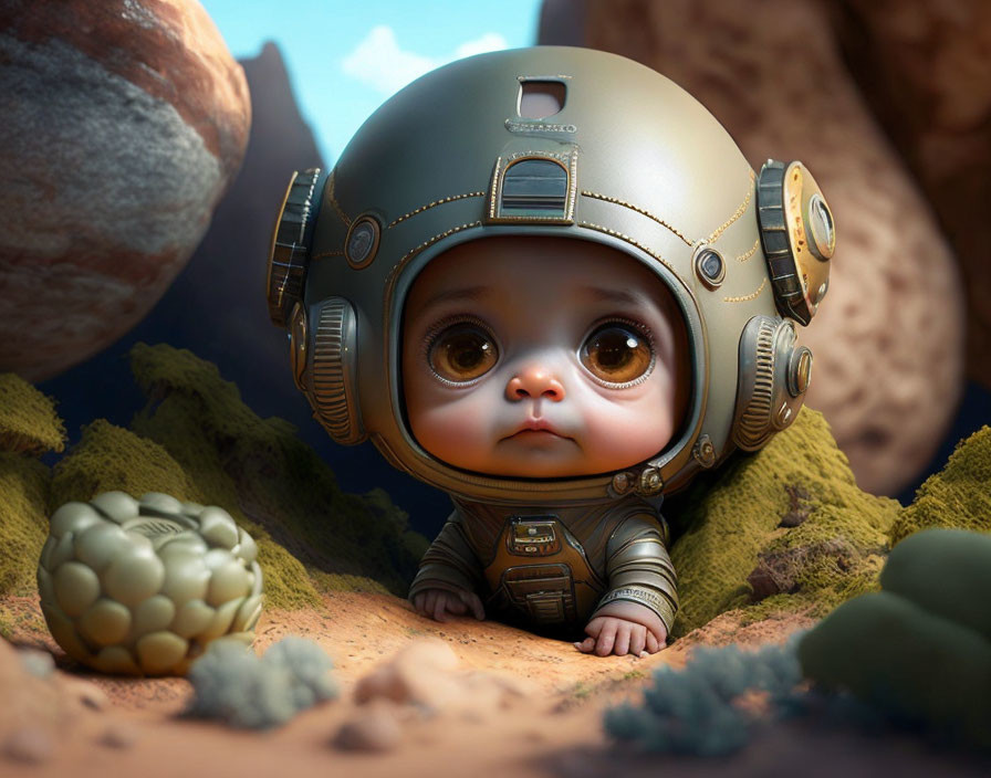 Baby in vintage astronaut suit surrounded by rocks and moss