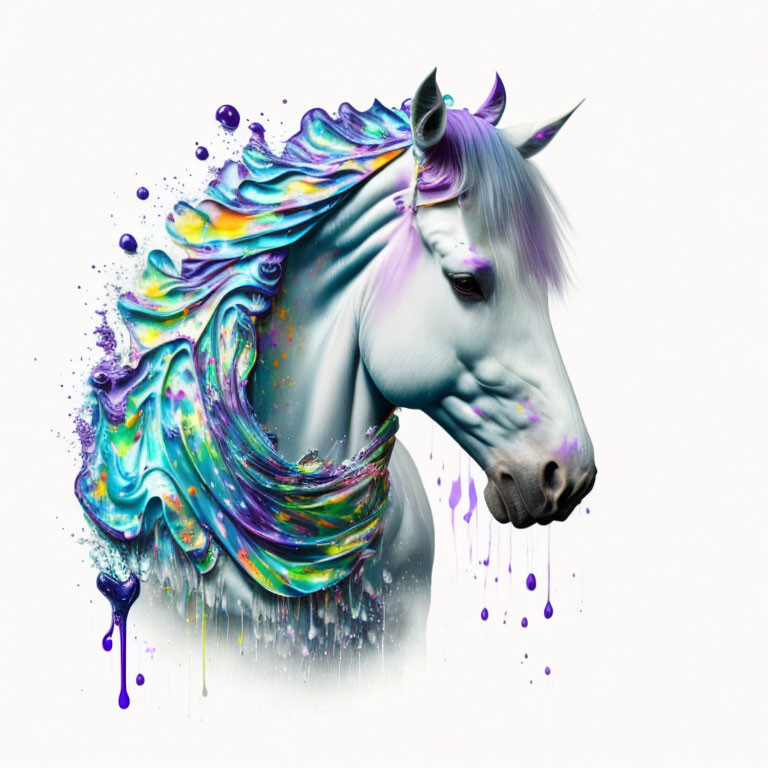 Colorful white horse digital art with vibrant paint-like mane and tail