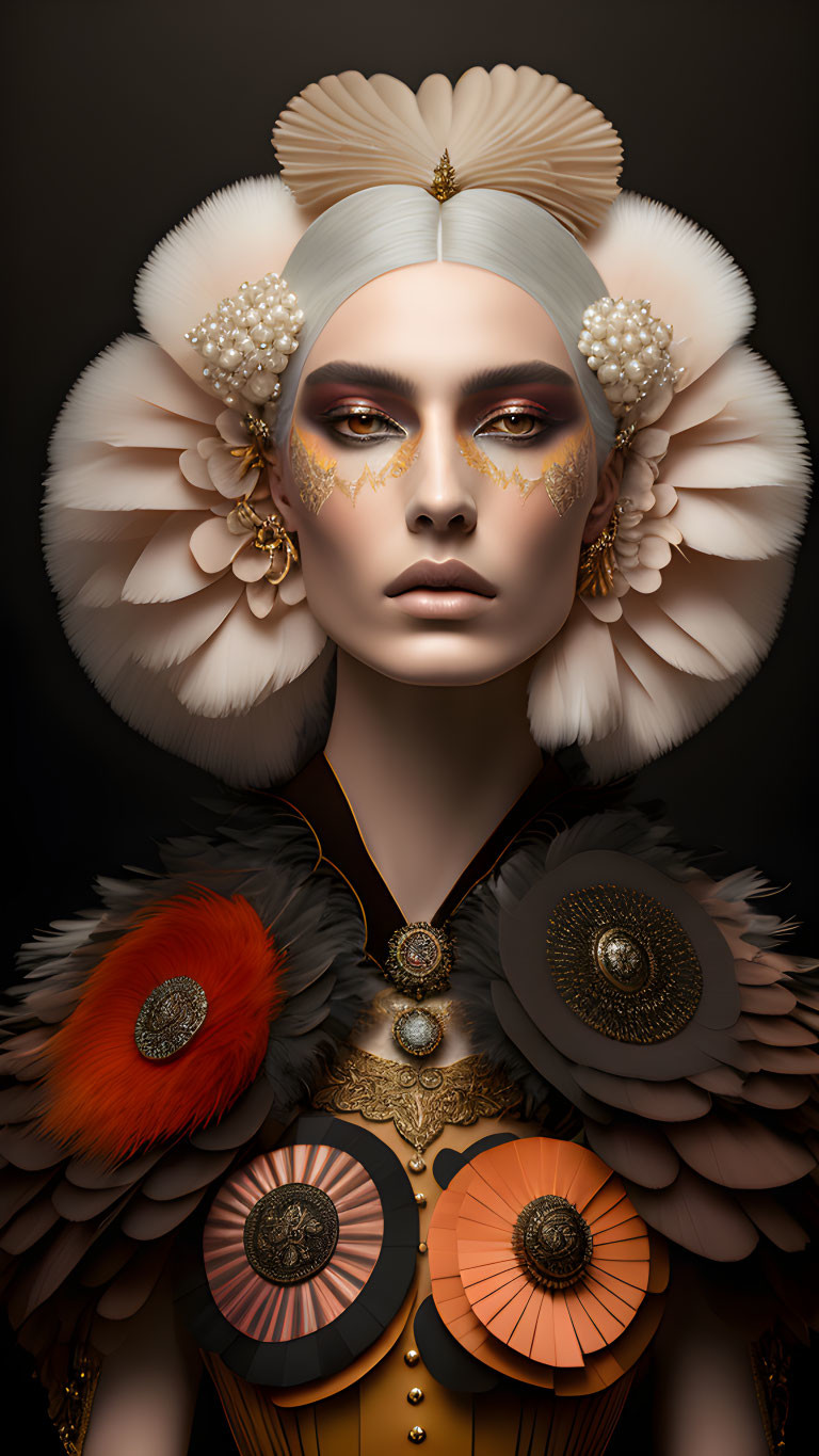 Elaborate Golden Makeup with White Floral Hair Accessories