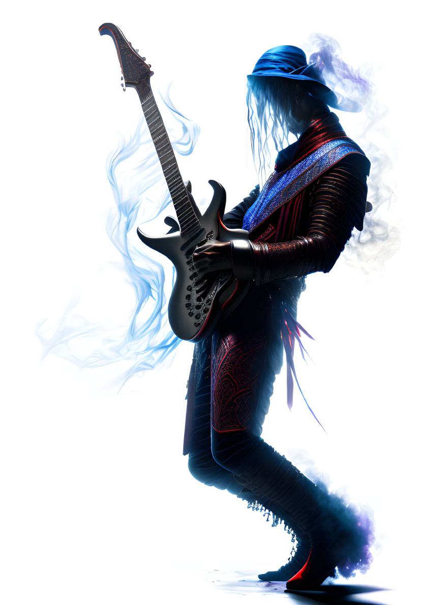 Stylish person with long hair playing electric guitar in silhouette on white background