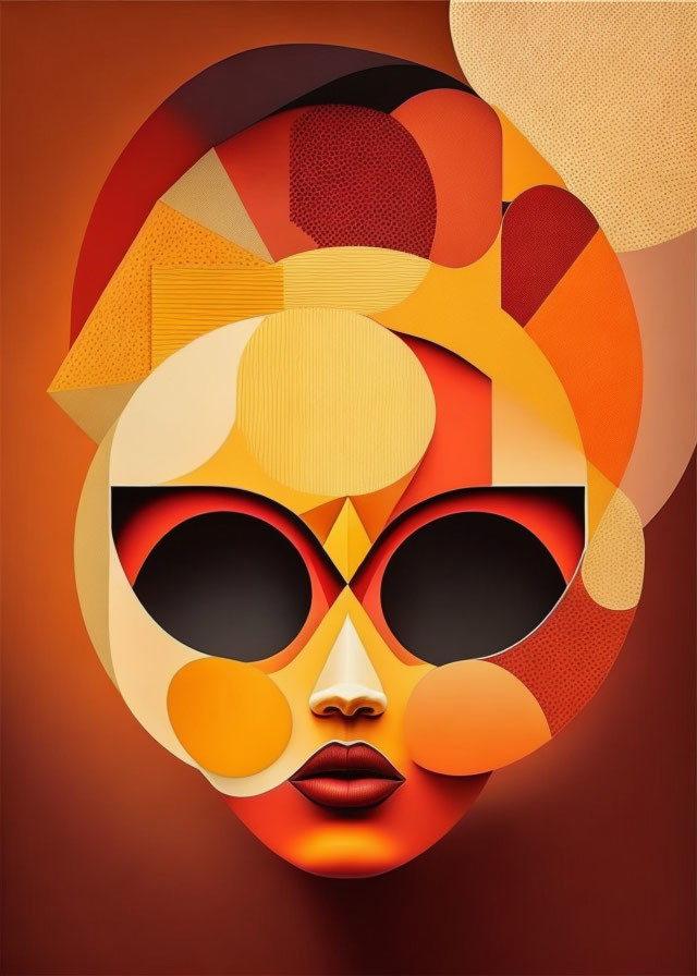 Geometric Face Art with Warm Tones and Sunglasses