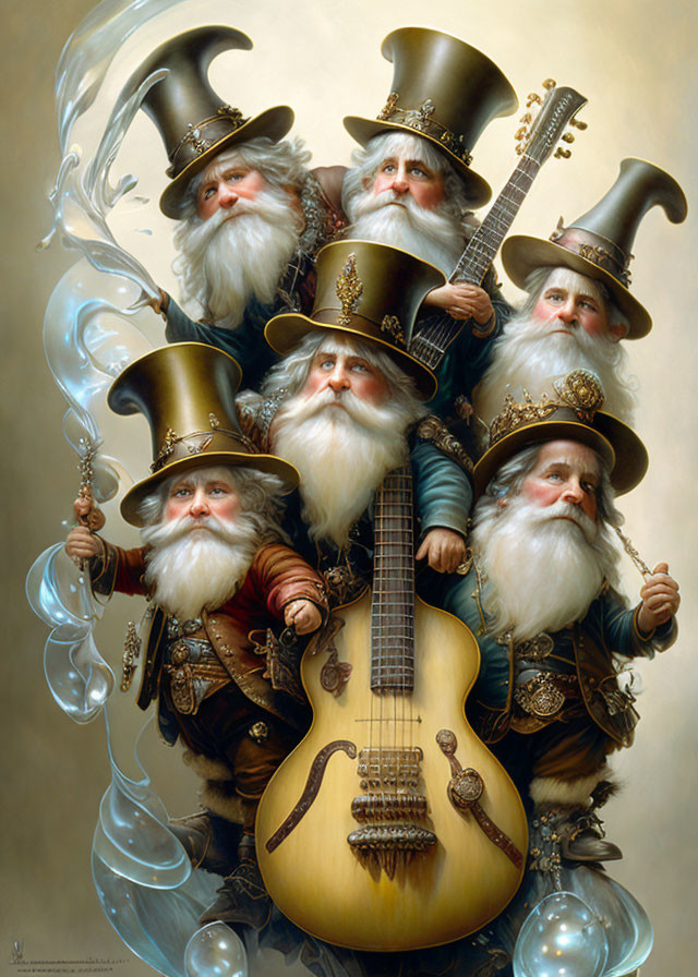 Five whimsical wizards with white beards and top hats playing guitar in magical smoke