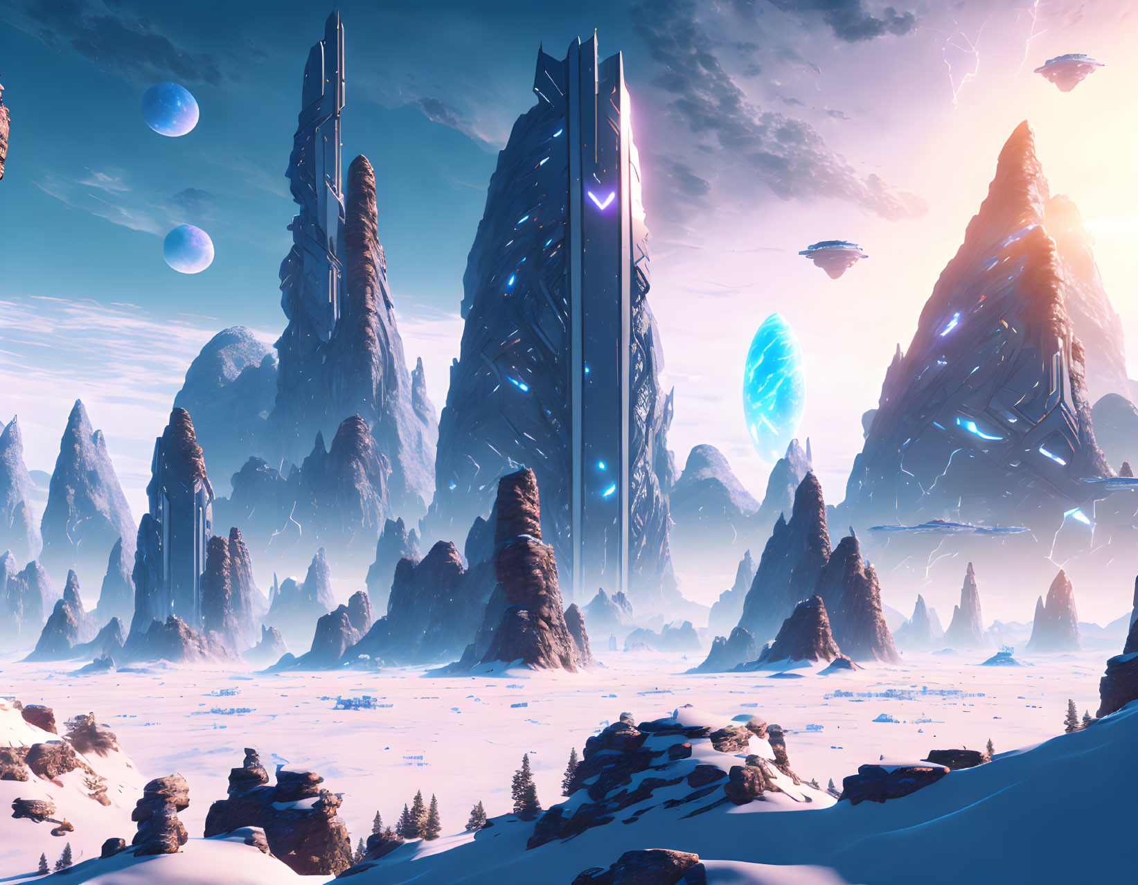 Alien structures, planets, spacecraft, and icy mountains in futuristic sci-fi landscape