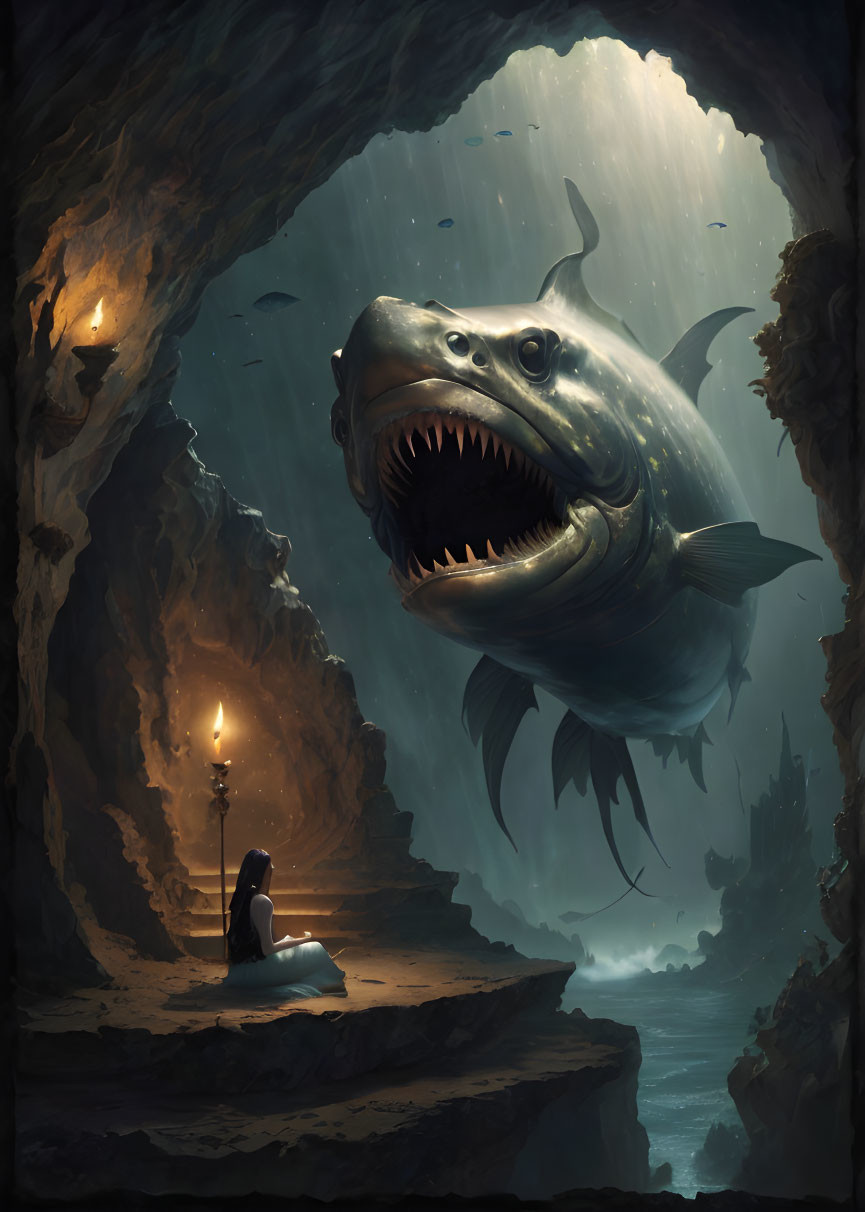 Gigantic fish with sharp teeth outside cave, person gazes.