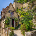 Stone stairway surrounded by plants leading to old houses under blue sky