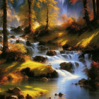 Tranquil autumn landscape with stream, colorful trees, and mountain