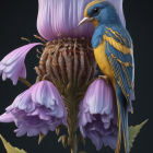 Colorful Bird on Purple Flower Against Dark Background