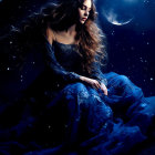 Woman in flowing hair under night sky with crescent moon and stars.