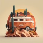 Vintage van in desert with cacti and mountains - travel illustration