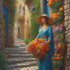 Woman in Blue Dress and Hat with Flower Basket in Sunny Cobblestone Alley