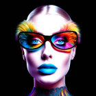 Woman with Blue Lipstick and Psychedelic Sunglasses on Black Background