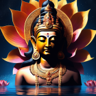 Digital artwork: Multi-armed deity with halo in serene night sky above lotus-filled waters