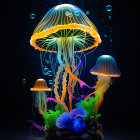 Bioluminescent jellyfish with neon tentacles in dark underwater scene