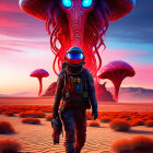 Astronaut walking on alien desert with dual suns and giant glowing mushrooms