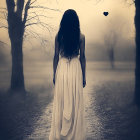 Woman in white dress and black hat on wooden path amid mystical autumn trees