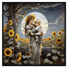 Woman and child with sunflower crowns in moonlit sunflower scene