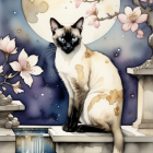 Siamese Cat in Moonlit Cherry Blossom Night Sky