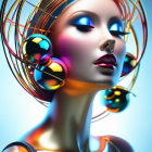 Golden headdress and vibrant makeup on futuristic female figure.