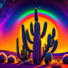 Colorful sunset desert landscape with silhouetted cacti, rainbow, starry sky,