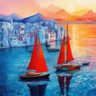 Colorful digital artwork: Sailboats with red sails on ocean near coastal town at sunset