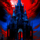 Dramatic gothic cathedral illustration with fiery red sky