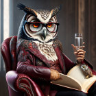 Anthropomorphic owl in suit with book and champagne glass in plush chair