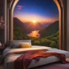 Luxurious Bedroom with Arched Window and Sunset View