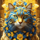 Digitally rendered cat with blue and gold face markings and ornate floral collar.