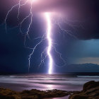 Multiple lightning strikes over stormy coastal scene