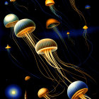 Colorful Jellyfish-Like Entities in Starry Sky Above Whimsical Castle