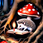 Hedgehog reading book under red-capped mushroom in whimsical forest