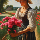 Woman in traditional dress with red flowers on sunny path