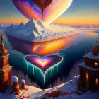 Winter sunset scene: ornate buildings, heart-shaped aurora over lake, hovering heart structure.