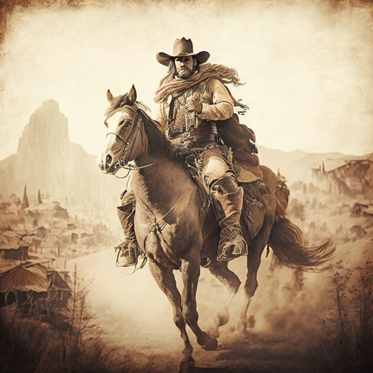 Cowboy on horseback in traditional attire riding through sepia-toned western landscape