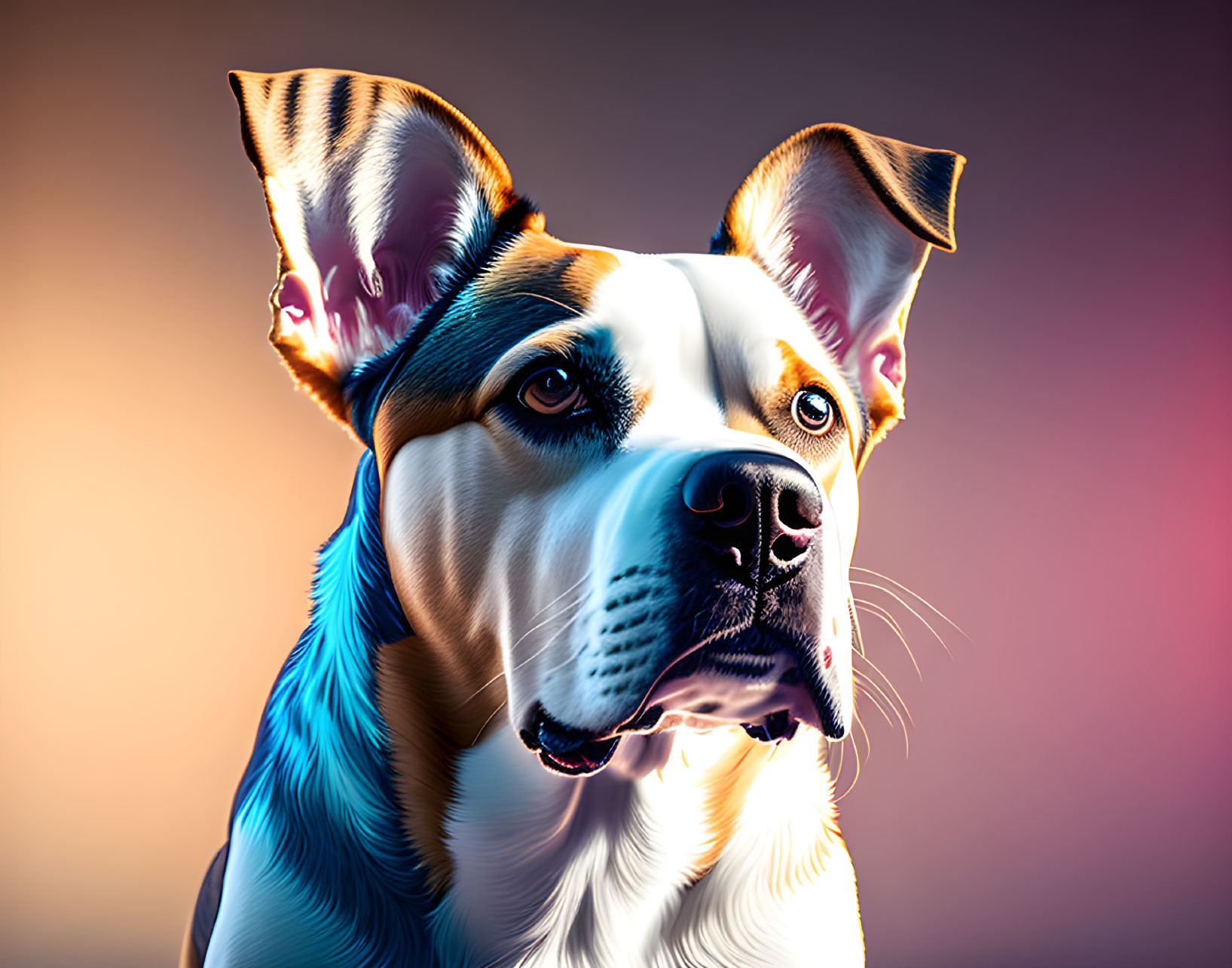 Multicolored dog with white, black, and tan fur on gradient background