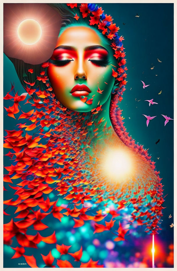 Vibrant digital artwork: Woman, flowers, butterflies, and abstract background