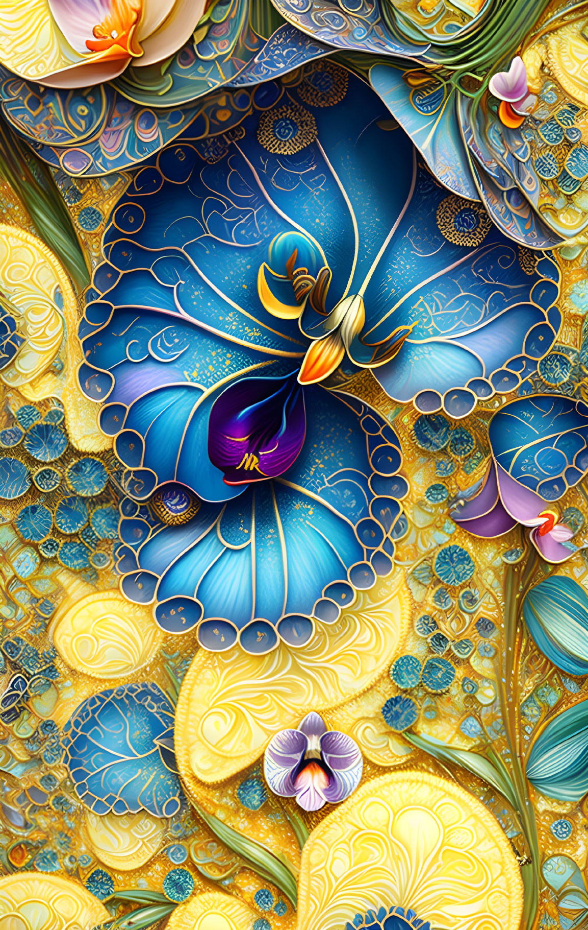 Stylized blue and gold floral digital artwork