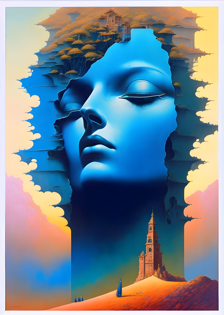 Surreal artwork: Blue face with landscapes, trees, clouds, church in sand dunes