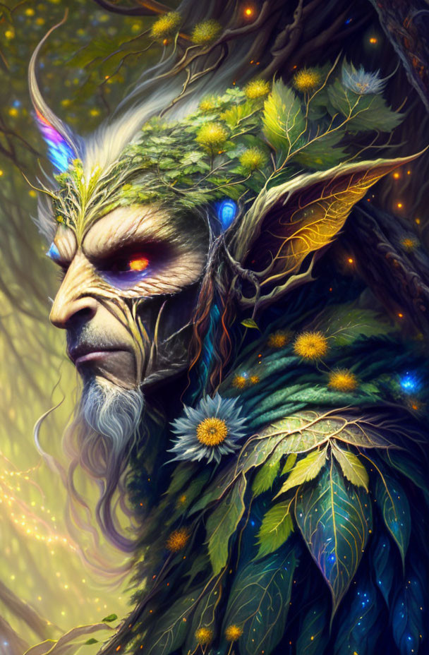 Fantasy portrait of an ent-like tree spirit with glowing eyes and foliage merging with its bark face.