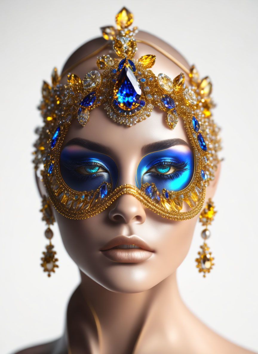 Person in Ornate Golden Mask with Blue Gemstones and Intricate Patterns