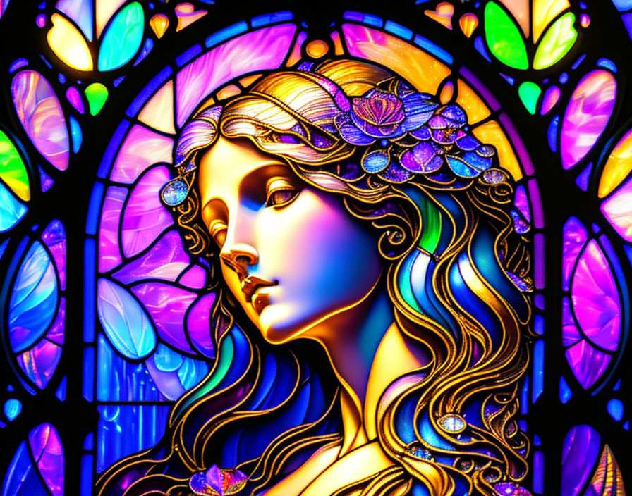 Serene woman in stained glass with flowing hair and intricate backdrop