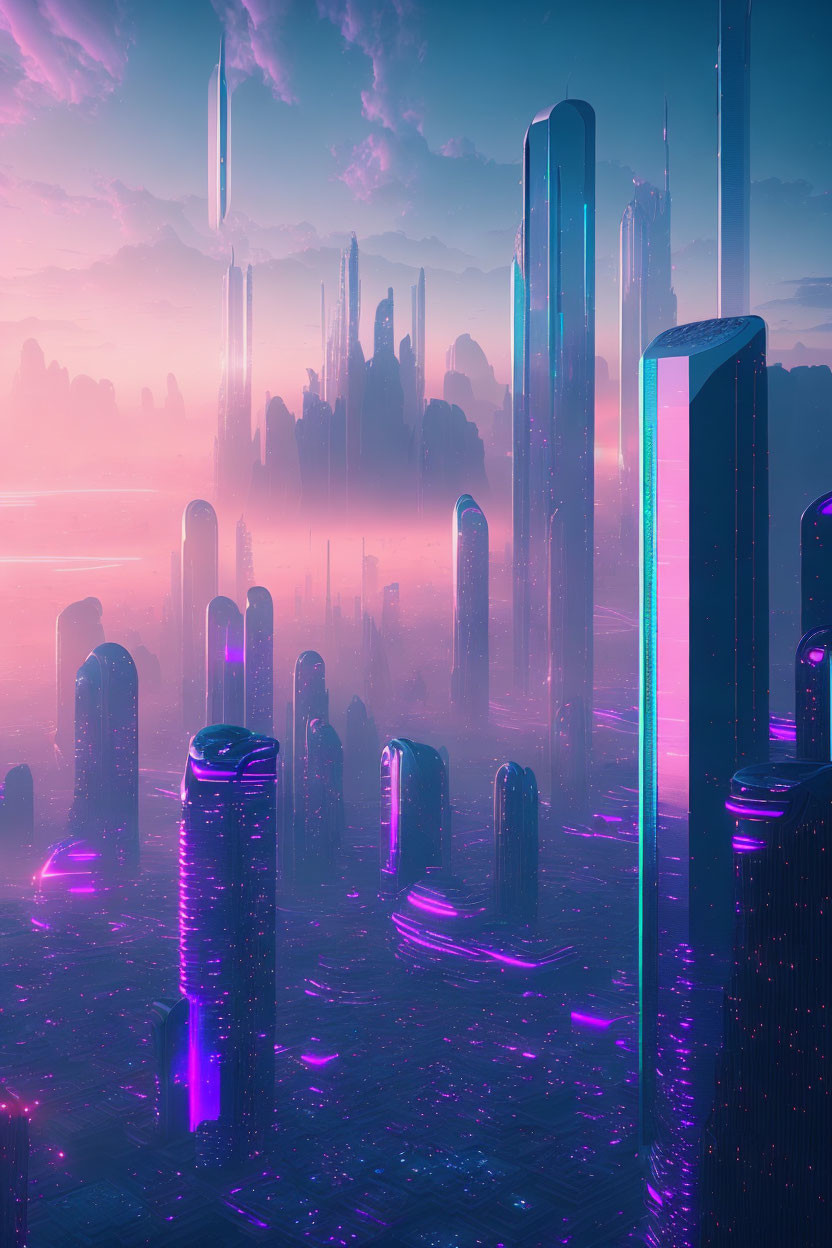 Futuristic cityscape with neon-lit skyscrapers under pink and purple sky