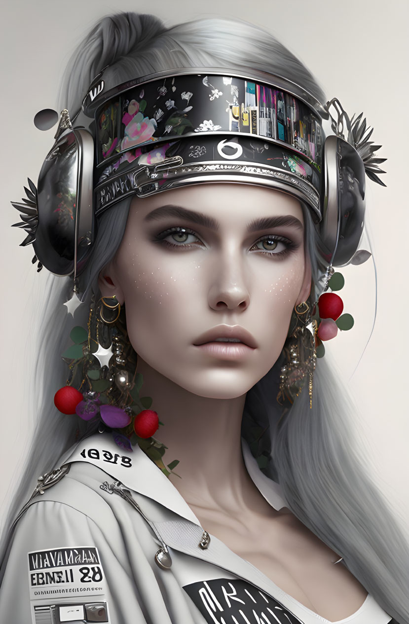 Woman with blue eyes in headband, headphones, cherry and leaf earrings