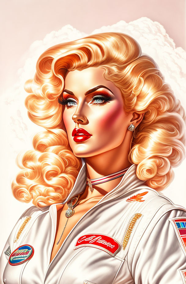 Blonde woman in flight suit with glamorous makeup